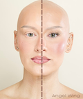 Split-view of a bald person with and without lashes, labeled 'Angel Wing'.