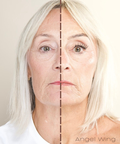 Before and after comparison of a woman's face with visible aging signs, split by a brown line, on a plain background.