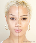 Woman with blonde hair and gold hoop earrings on a beige background, split in half.