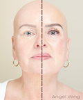 Side-by-side comparison of a woman's face with and without makeup on a neutral background.