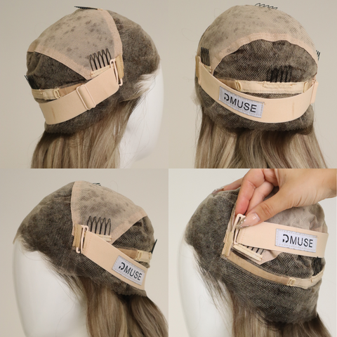 Wig cap with mesh and beige band, featuring 'DMUSE' branding, on a mannequin head.