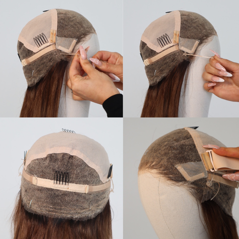 Step-by-step process of applying a hairpiece on a mannequin head.
