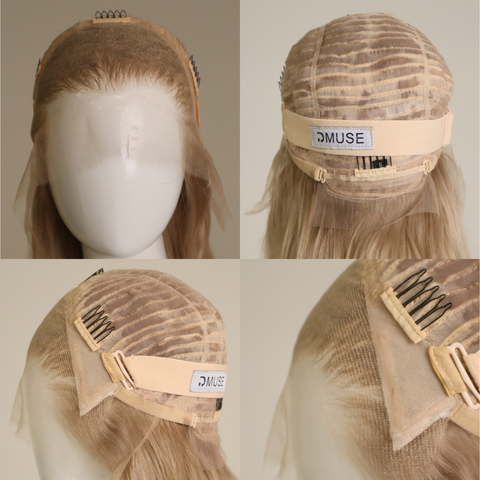 Beige wig on a mannequin head with 'DMUSE' branding, shown from different angles.