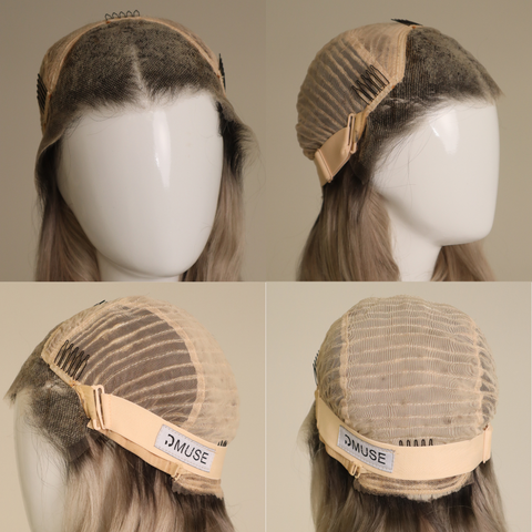 Wig cap with hair on a mannequin head, showing different angles, on a beige background.
